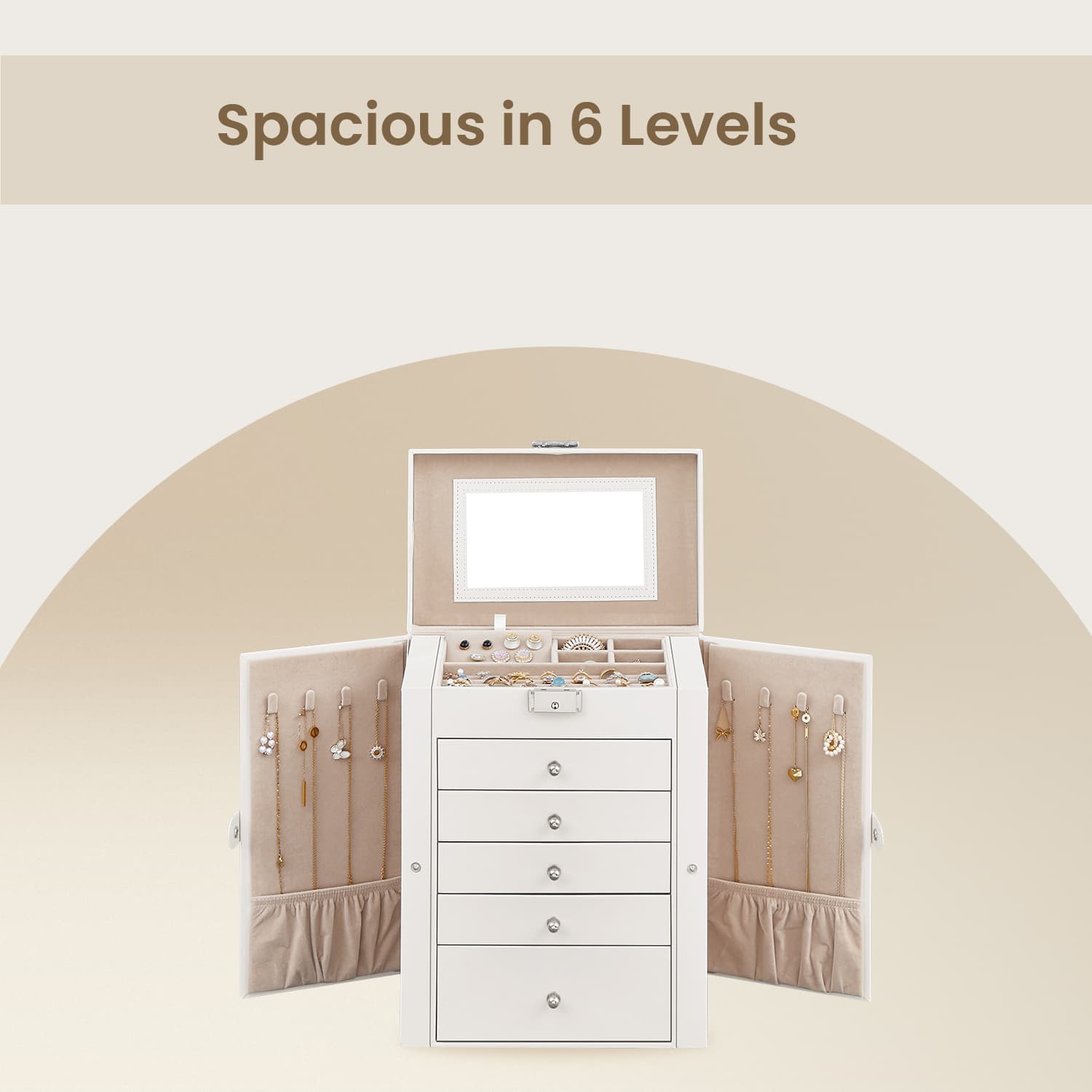 Jewellery Box – Wood – White – 6 Tiers with Mirror and Lockable Design