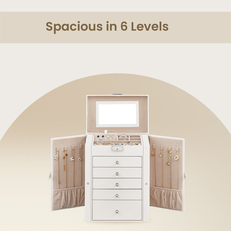 Jewellery Box – Wood – White – 6 Tiers with Mirror and Lockable Design