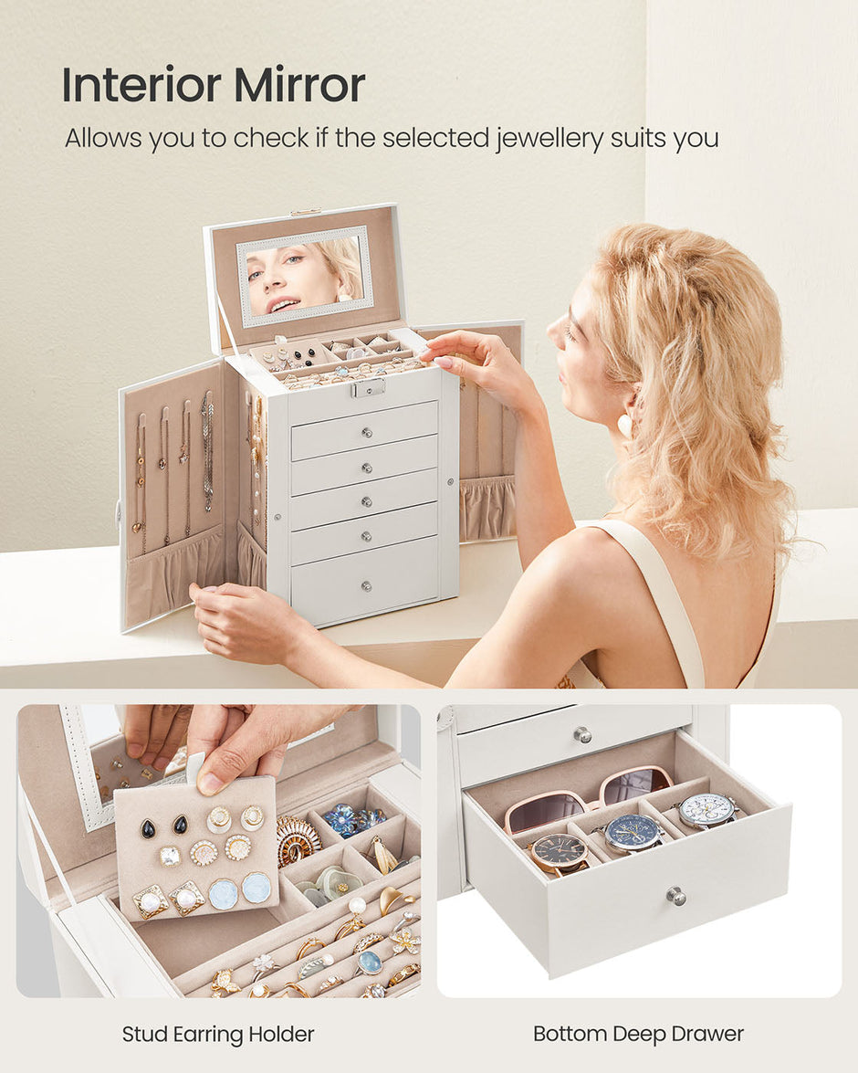 6-Tier Jewellery Box – Wood – White – With Side Wings, Mirror, and Drawers