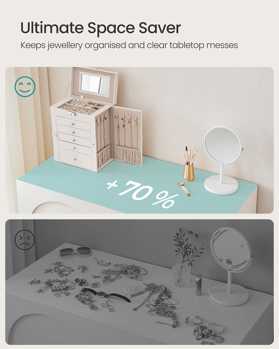 6-Tier Jewellery Box – Wood – White – With Side Wings, Mirror, and Drawers