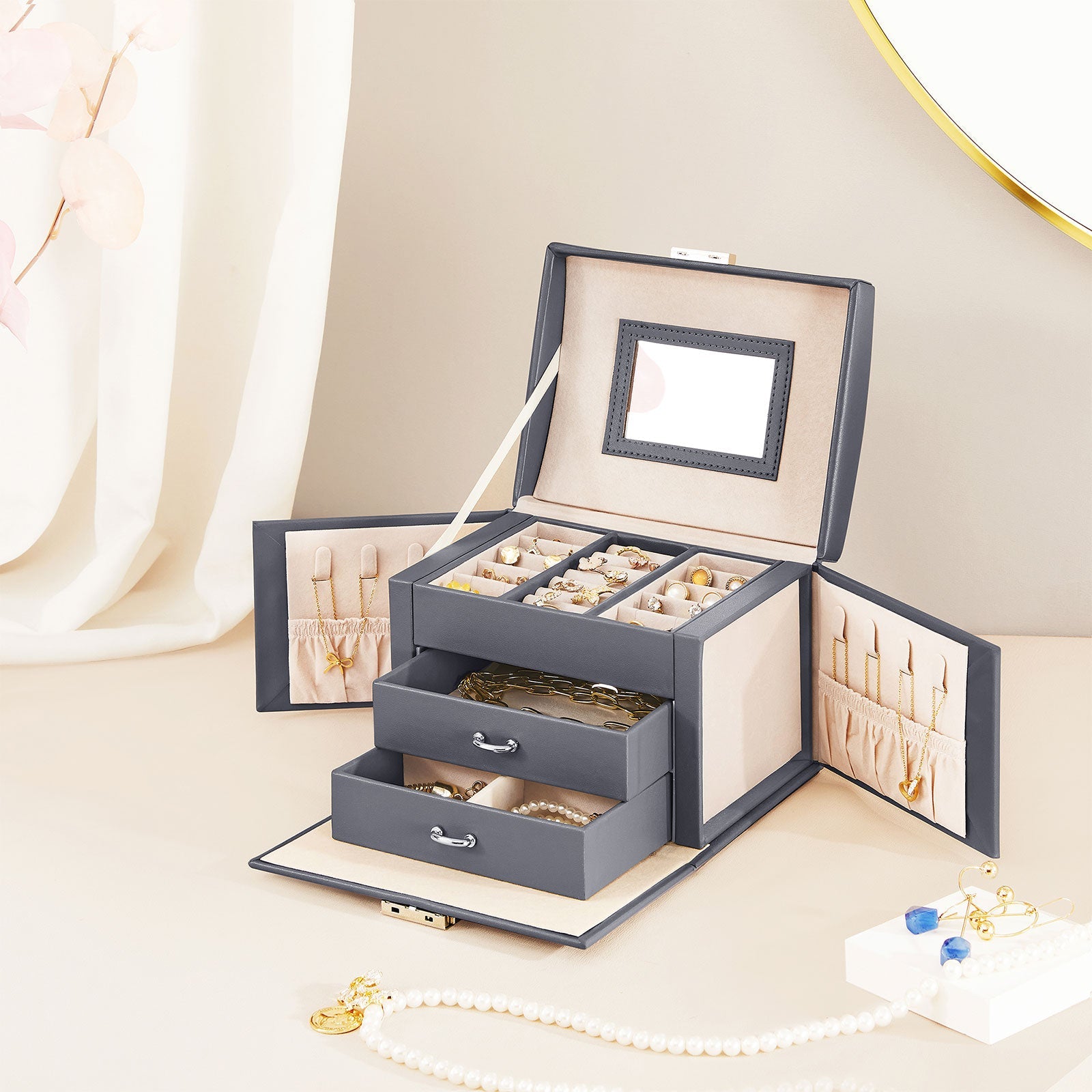 Jewellery Box – Fabric – Gold – Elegant Design with Multiple Compartments