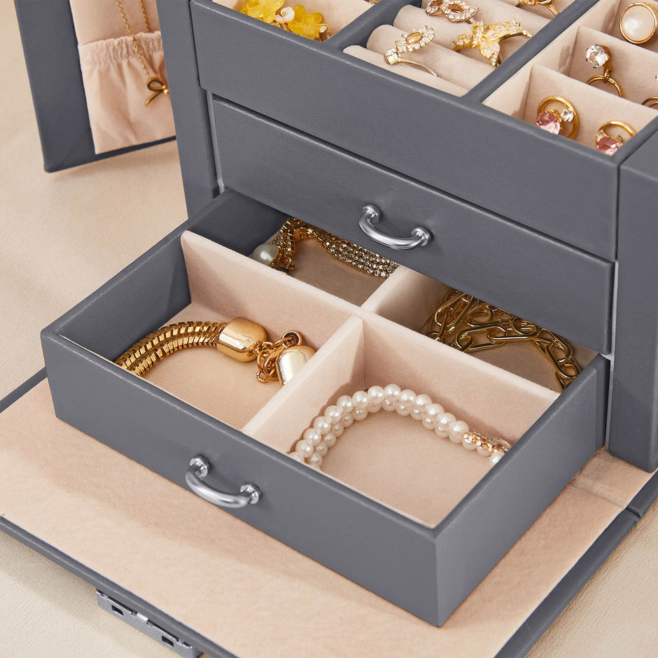 Jewellery Box – Fabric – Gold – Elegant Design with Multiple Compartments