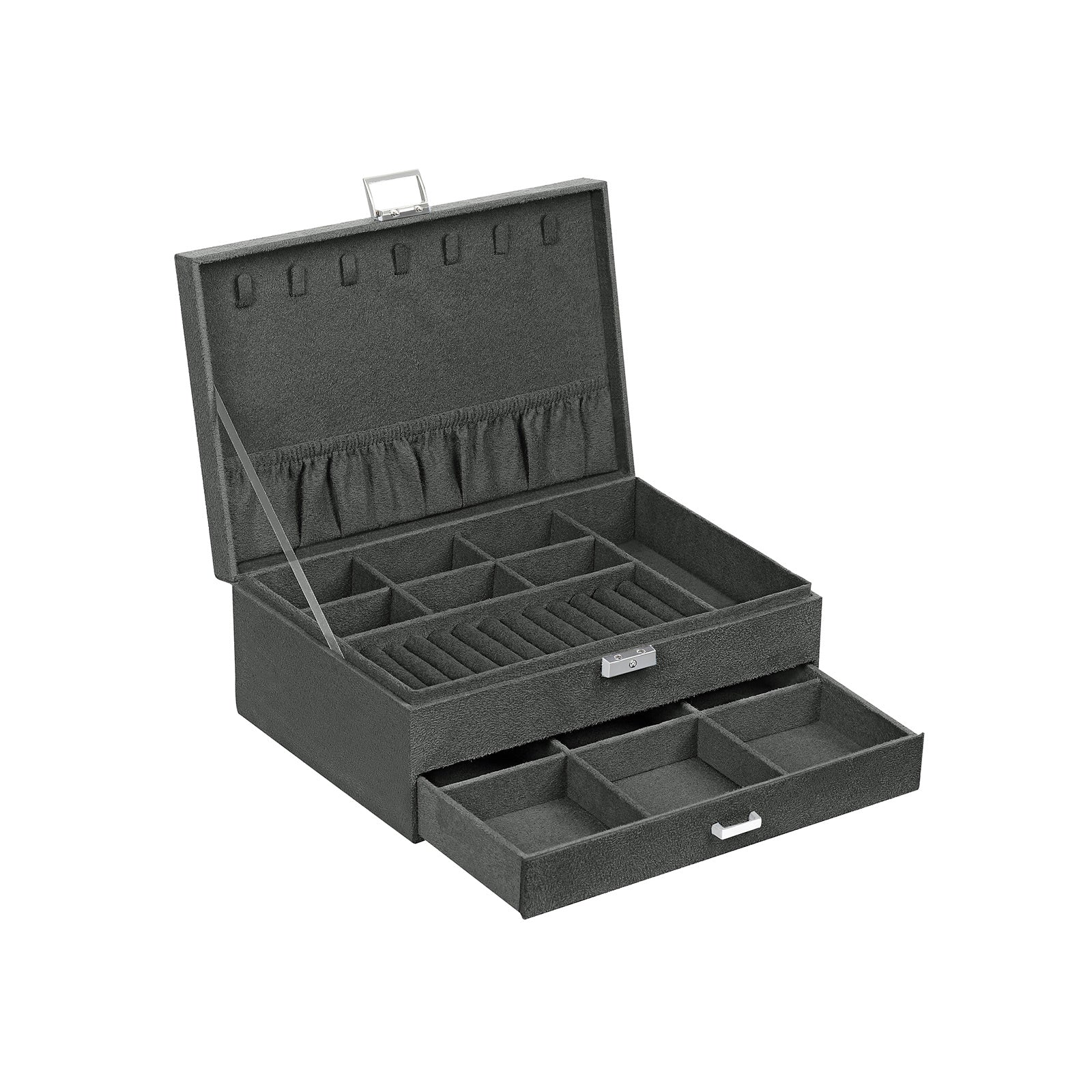 Jewellery Box – Wood – Black – 2 Levels with Drawer and Key