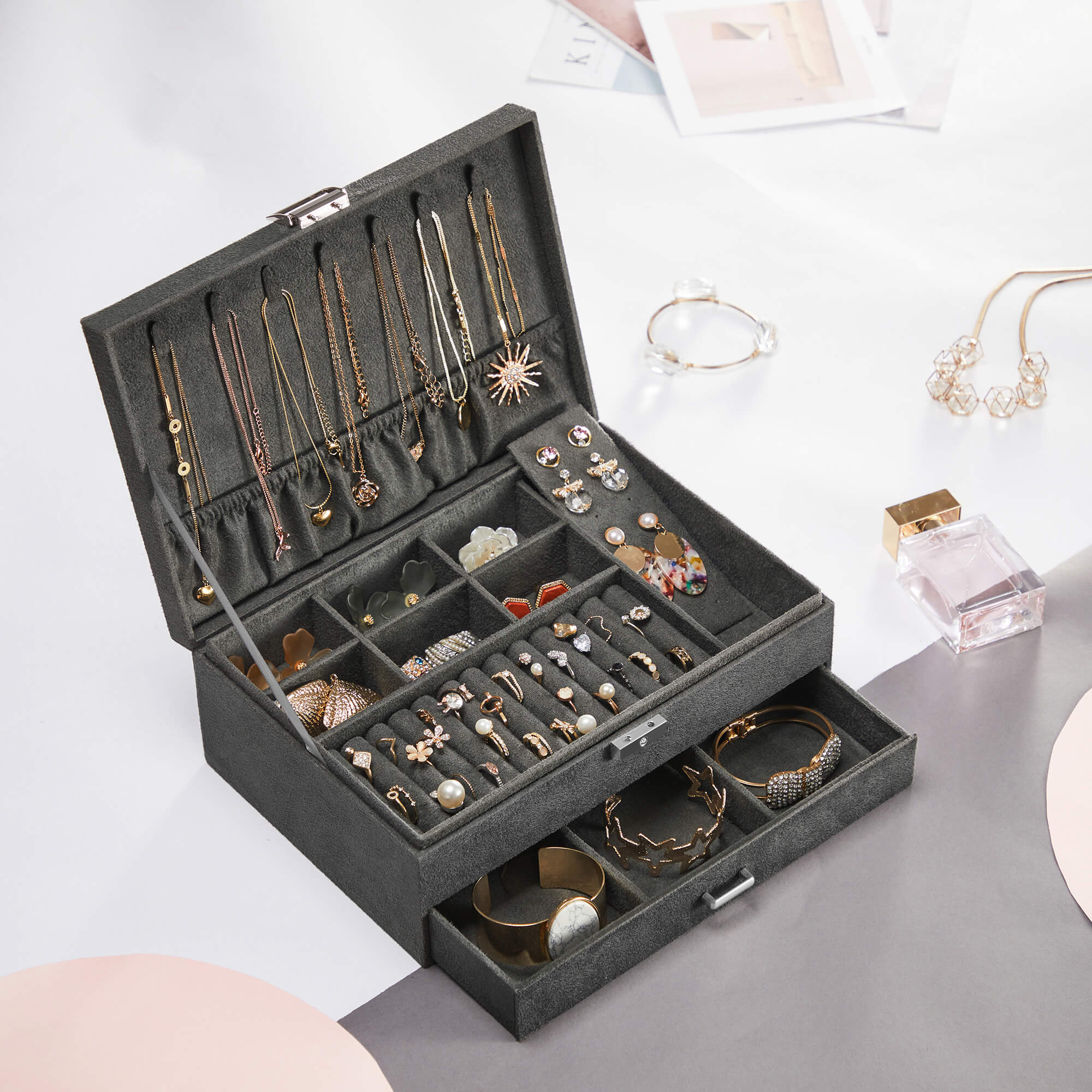 Jewellery Box – Wood – Black – 2 Levels with Drawer and Key