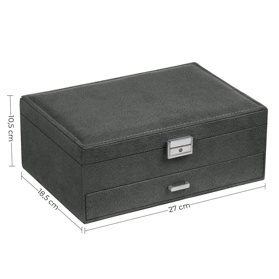 Jewellery Box – Wood – Black – 2 Levels with Drawer and Key