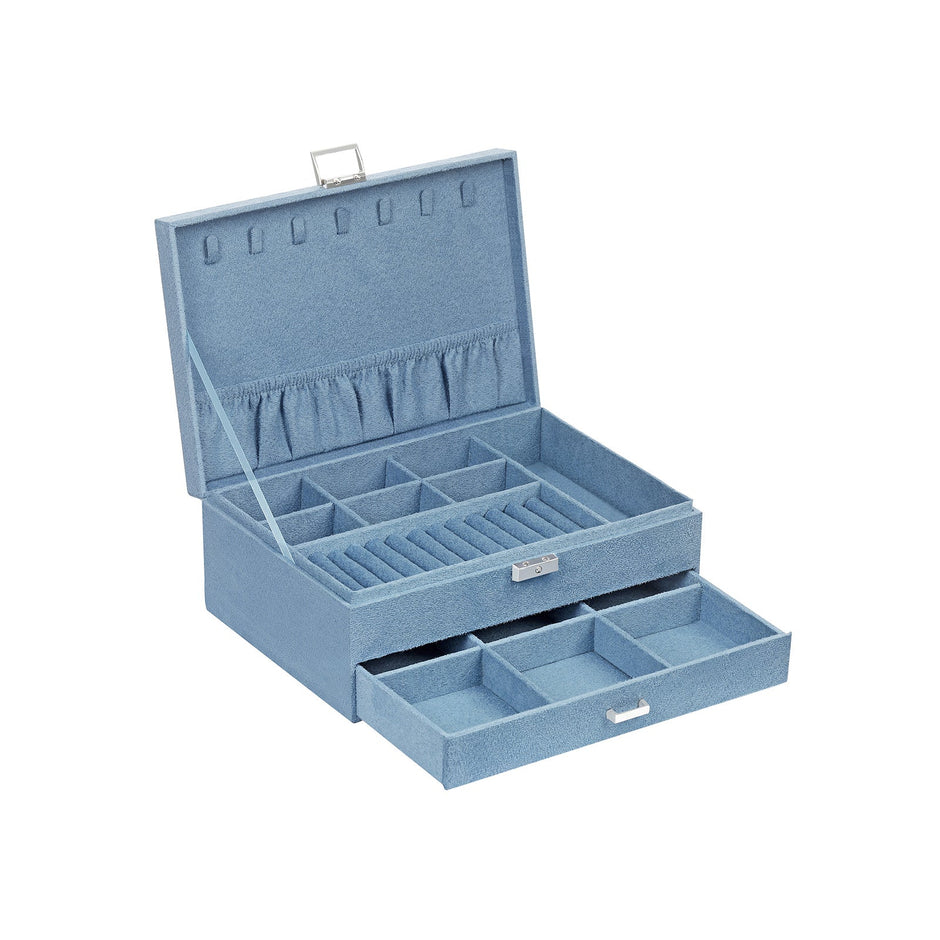 Jewellery Box – Faux Leather – Blue – 2 Levels with Drawer and Key
