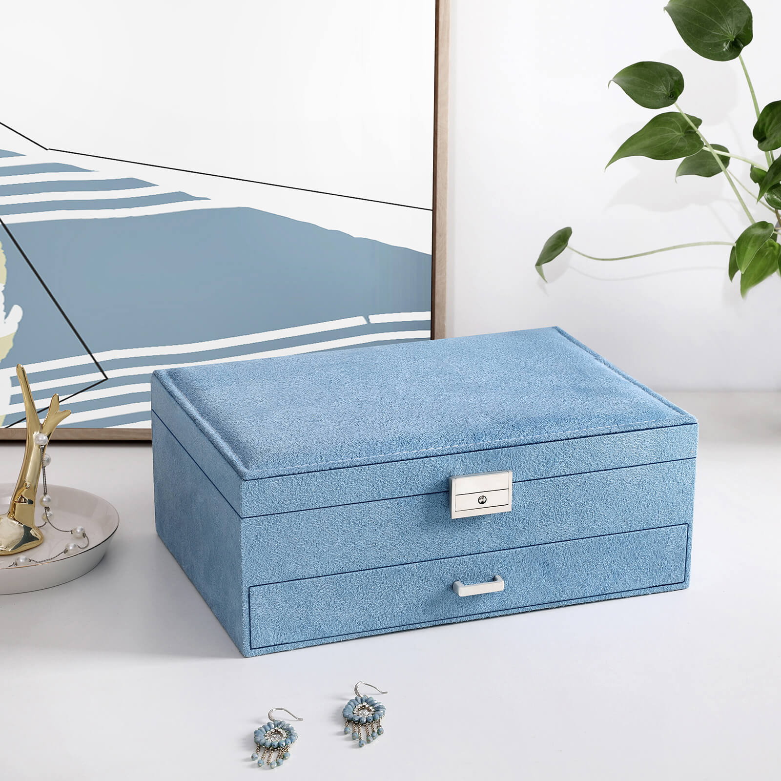 Jewellery Box – Faux Leather – Blue – 2 Levels with Drawer and Key