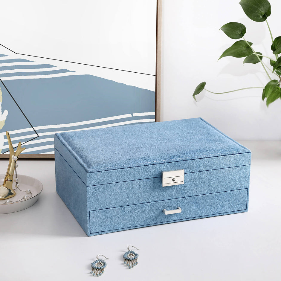 Jewellery Box – Faux Leather – Blue – 2 Levels with Drawer and Key