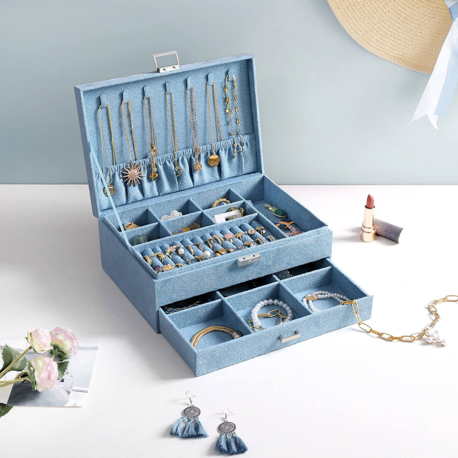 Jewellery Box – Faux Leather – Blue – 2 Levels with Drawer and Key