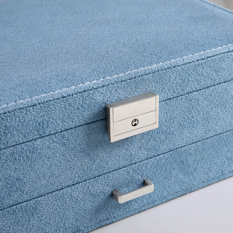 Jewellery Box – Faux Leather – Blue – 2 Levels with Drawer and Key