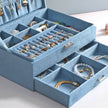 Jewellery Box – Faux Leather – Blue – 2 Levels with Drawer and Key