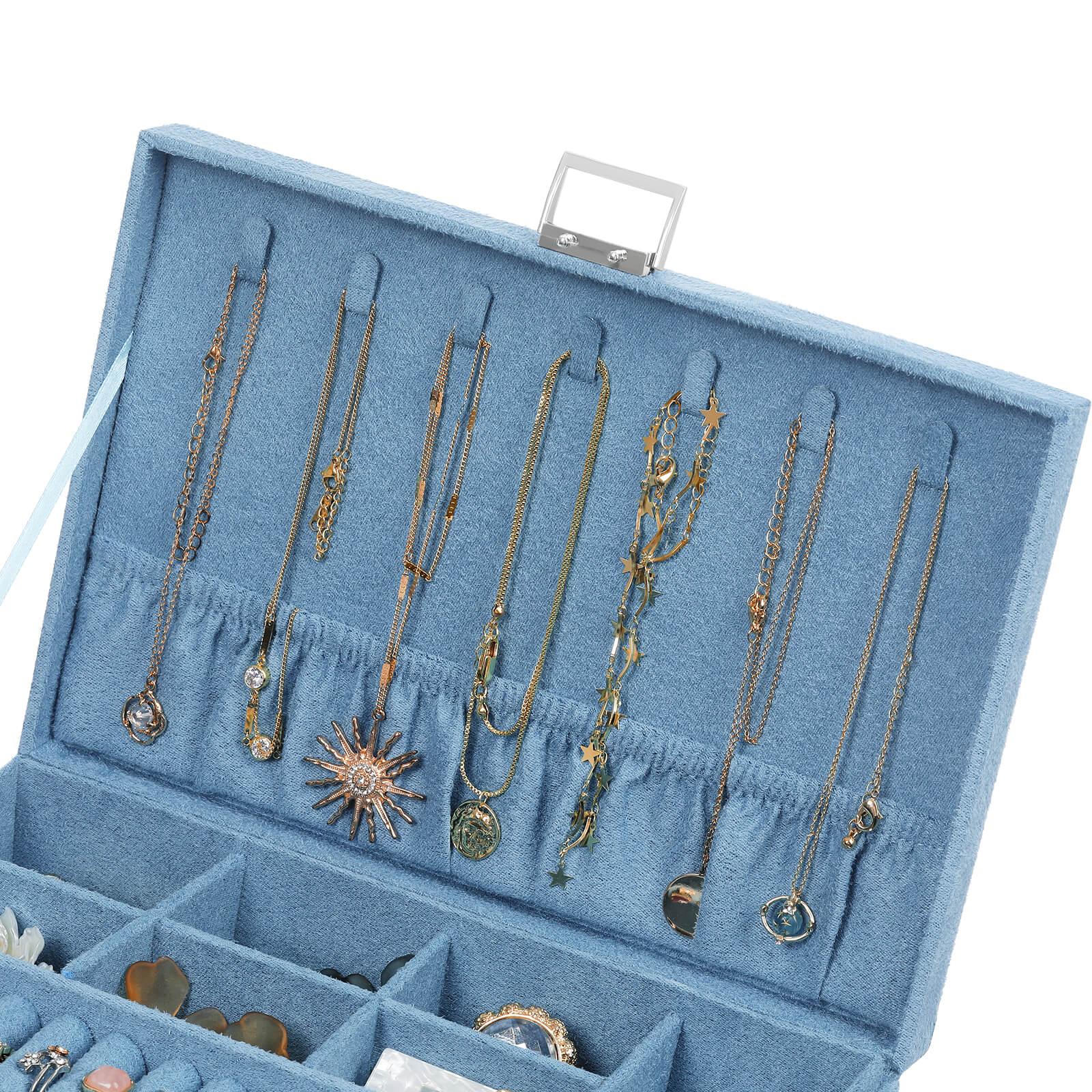 Jewellery Box – Faux Leather – Blue – 2 Levels with Drawer and Key