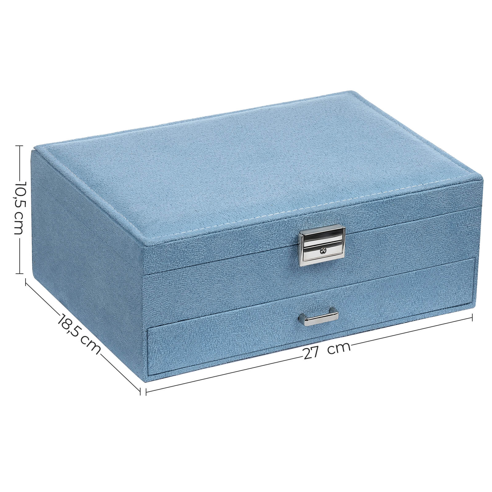 Jewellery Box – Faux Leather – Blue – 2 Levels with Drawer and Key