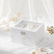 Jewellery Box – Velvet – White – 3-Tier Display Case with Clear Glass Lid and Lock