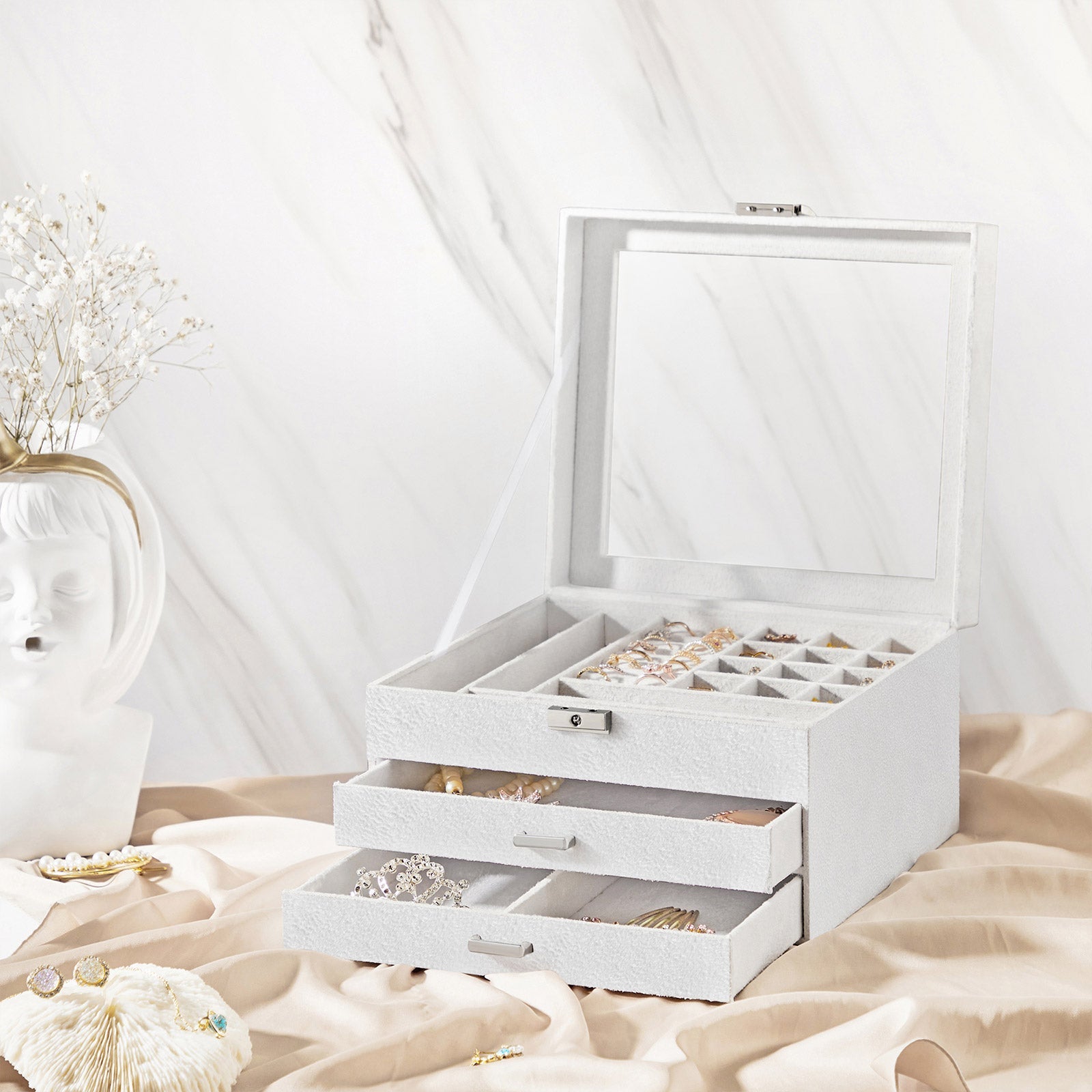 Jewellery Box – Velvet – White – 3-Tier Display Case with Clear Glass Lid and Lock