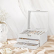 Jewellery Box – Velvet – White – 3-Tier Display Case with Clear Glass Lid and Lock