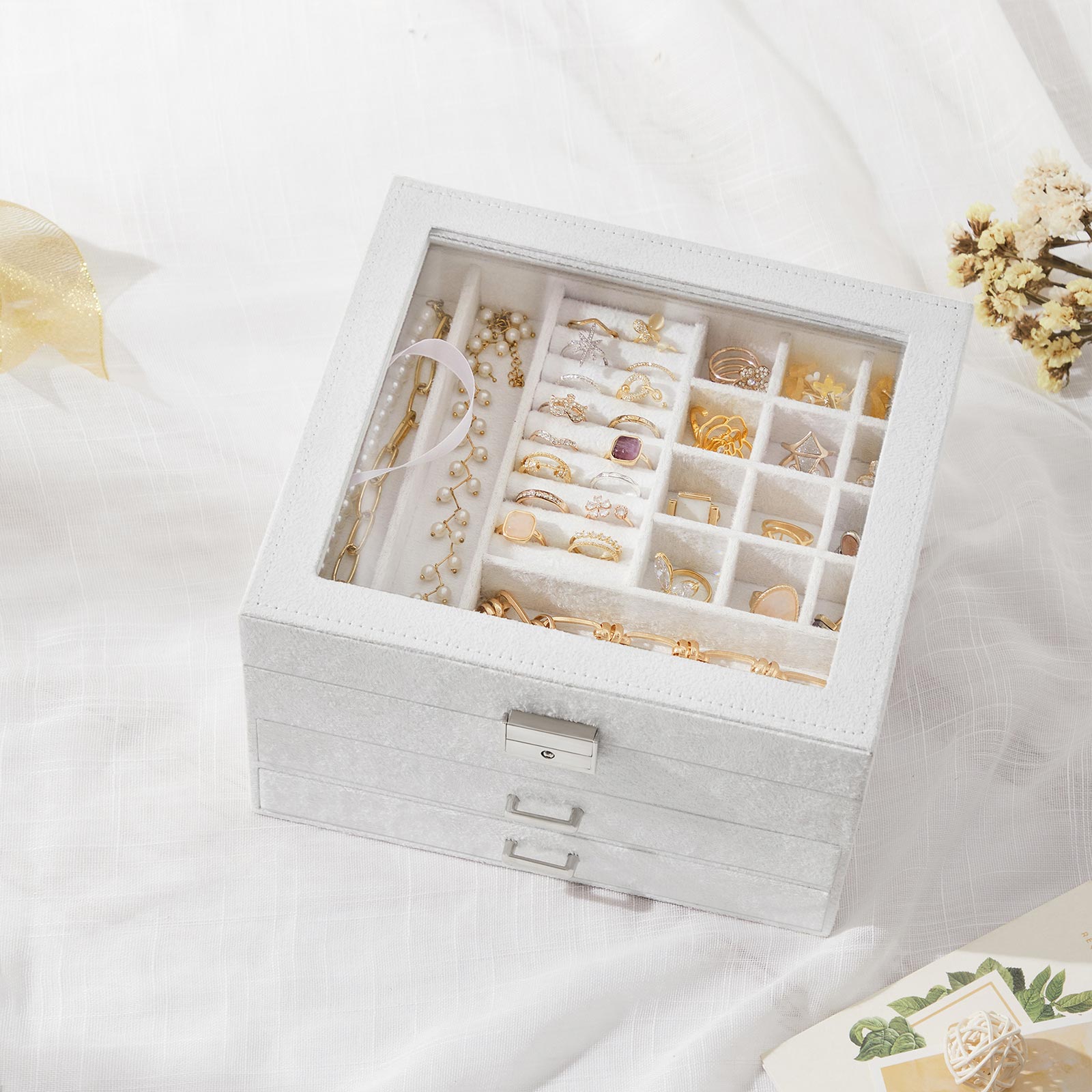 Jewellery Box – Velvet – White – 3-Tier Display Case with Clear Glass Lid and Lock