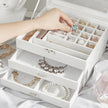 Jewellery Box – Velvet – White – 3-Tier Display Case with Clear Glass Lid and Lock