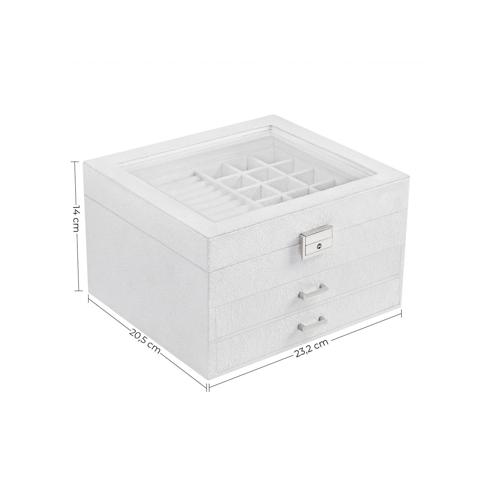 Jewellery Box – Velvet – White – 3-Tier Display Case with Clear Glass Lid and Lock