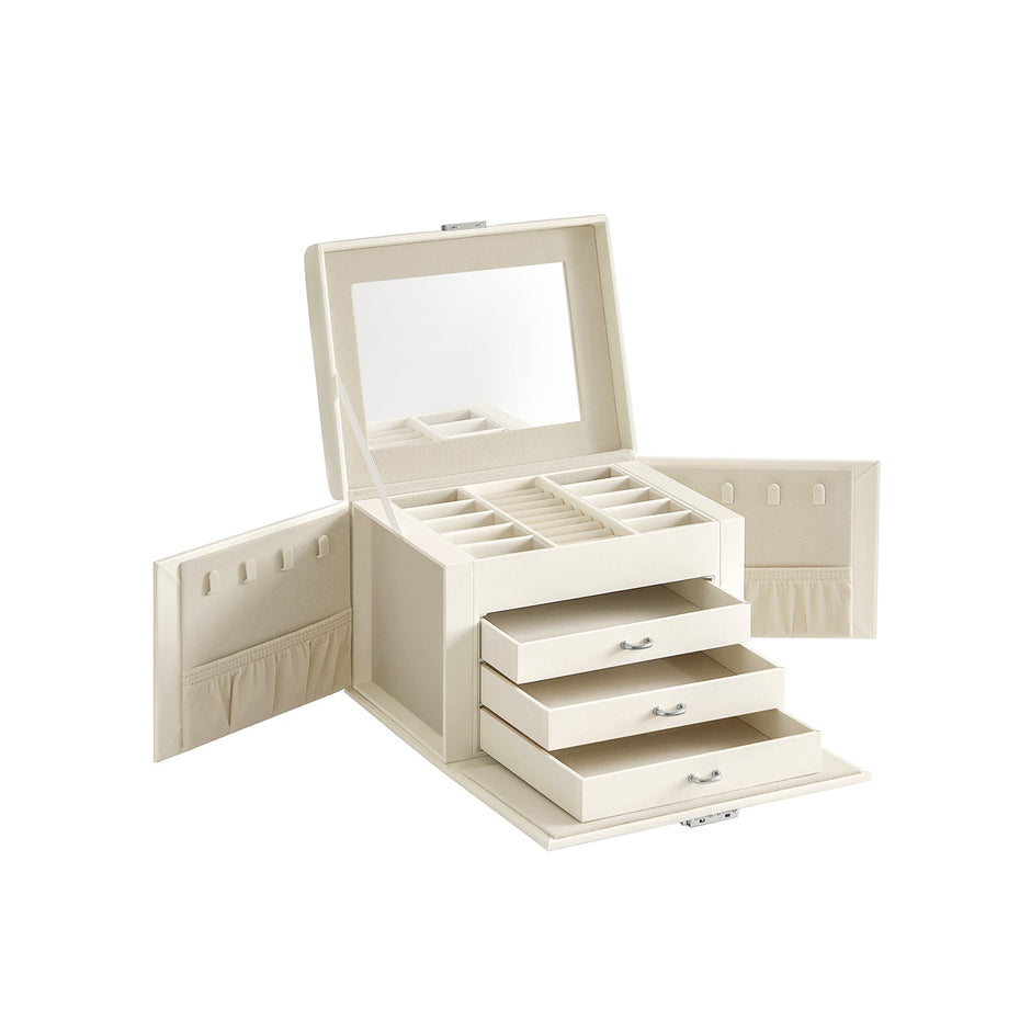Jewellery Box – Wood – Cream White – 4-Tier with Handle and Drawers