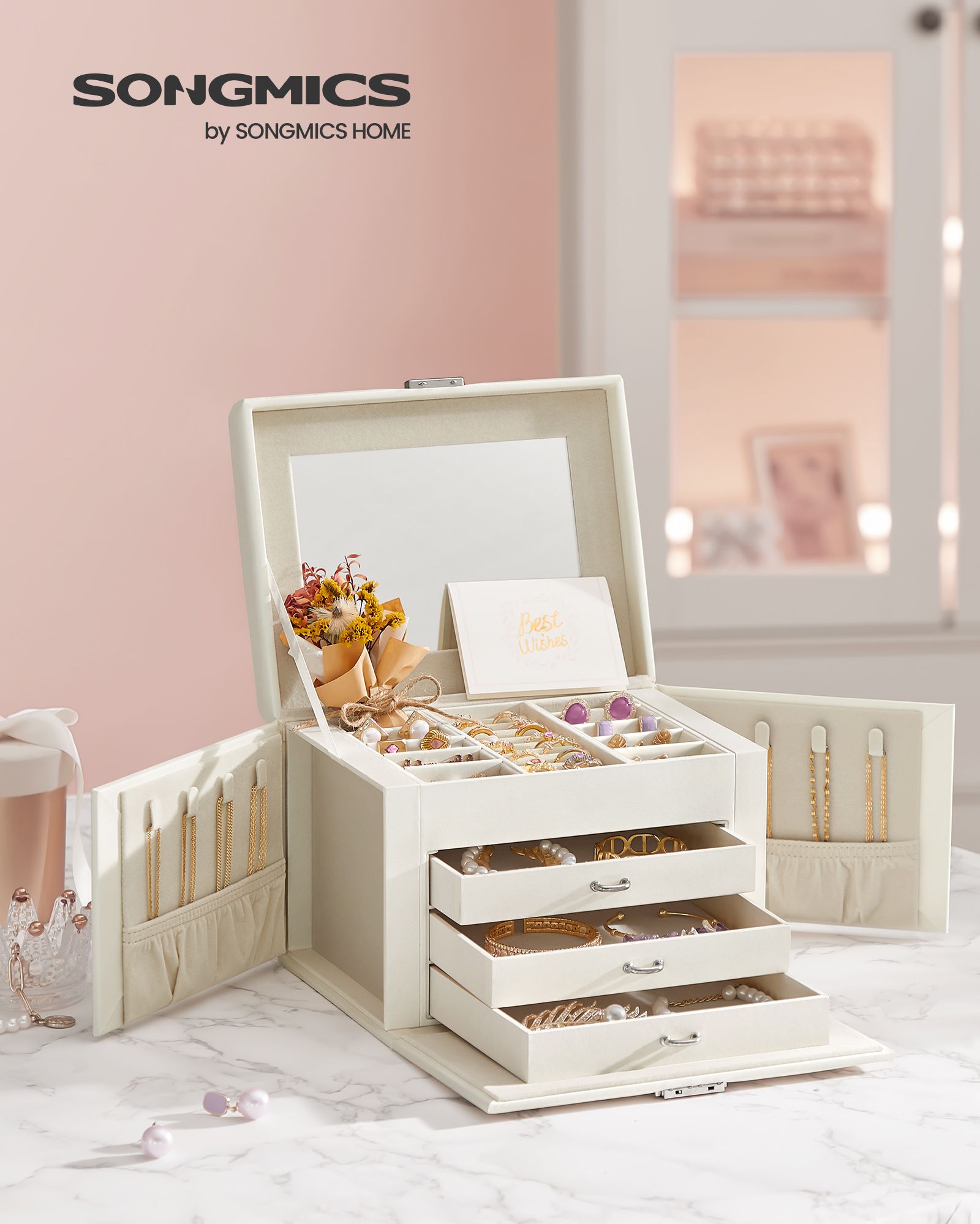 Jewellery Box – Wood – Cream White – 4-Tier with Handle and Drawers