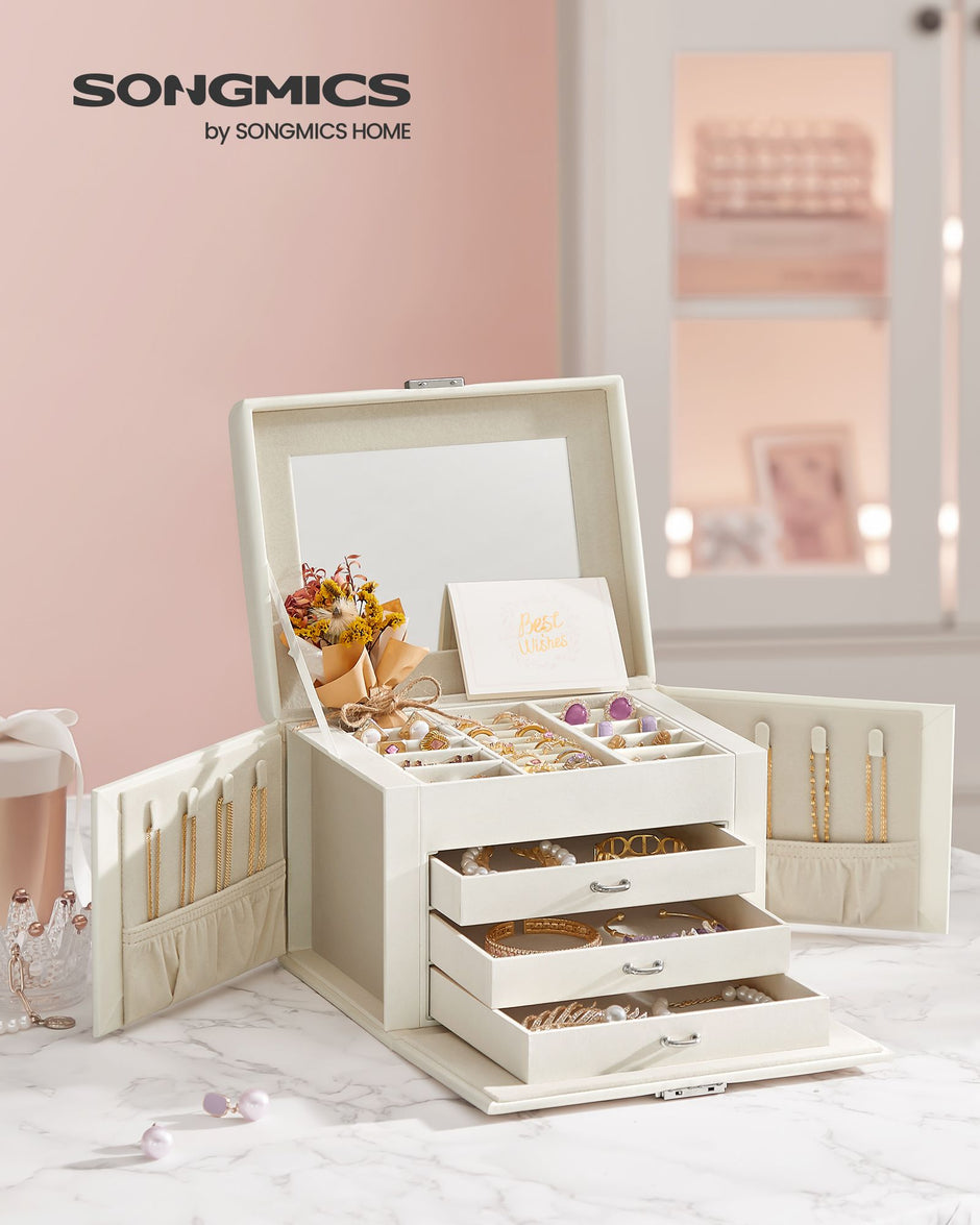 Jewellery Box – Wood – Cream White – 4-Tier with Handle and Drawers