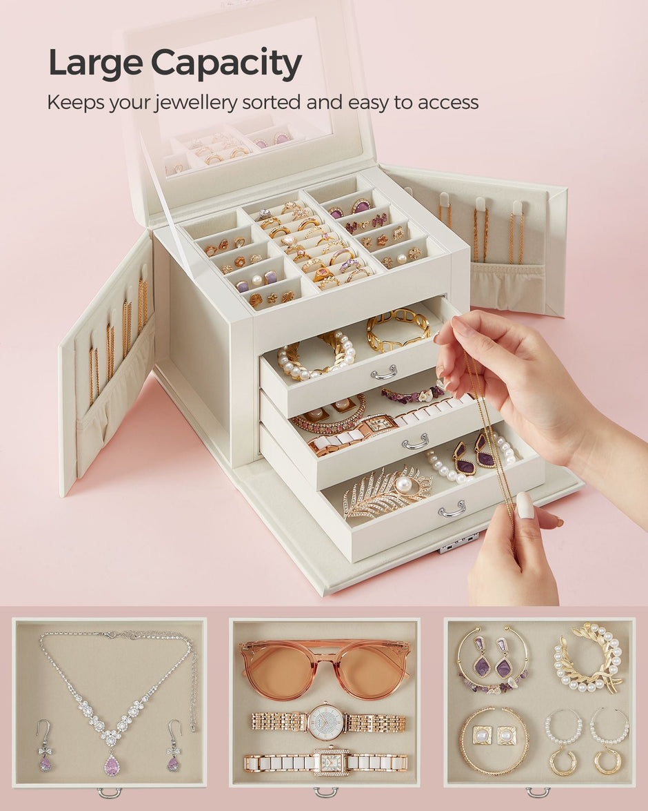 Jewellery Box – Wood – Cream White – 4-Tier with Handle and Drawers