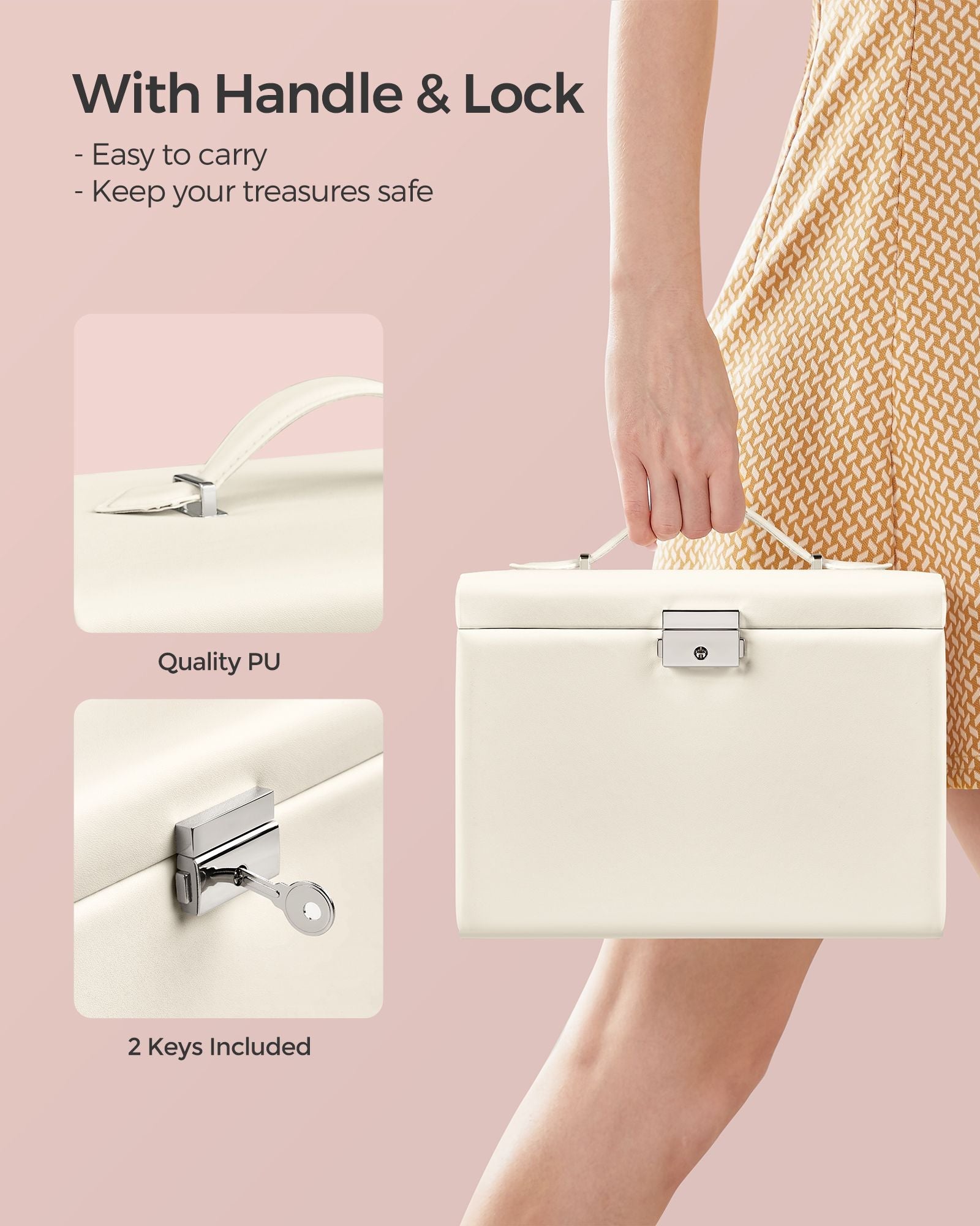 Jewellery Box – Wood – Cream White – 4-Tier with Handle and Drawers