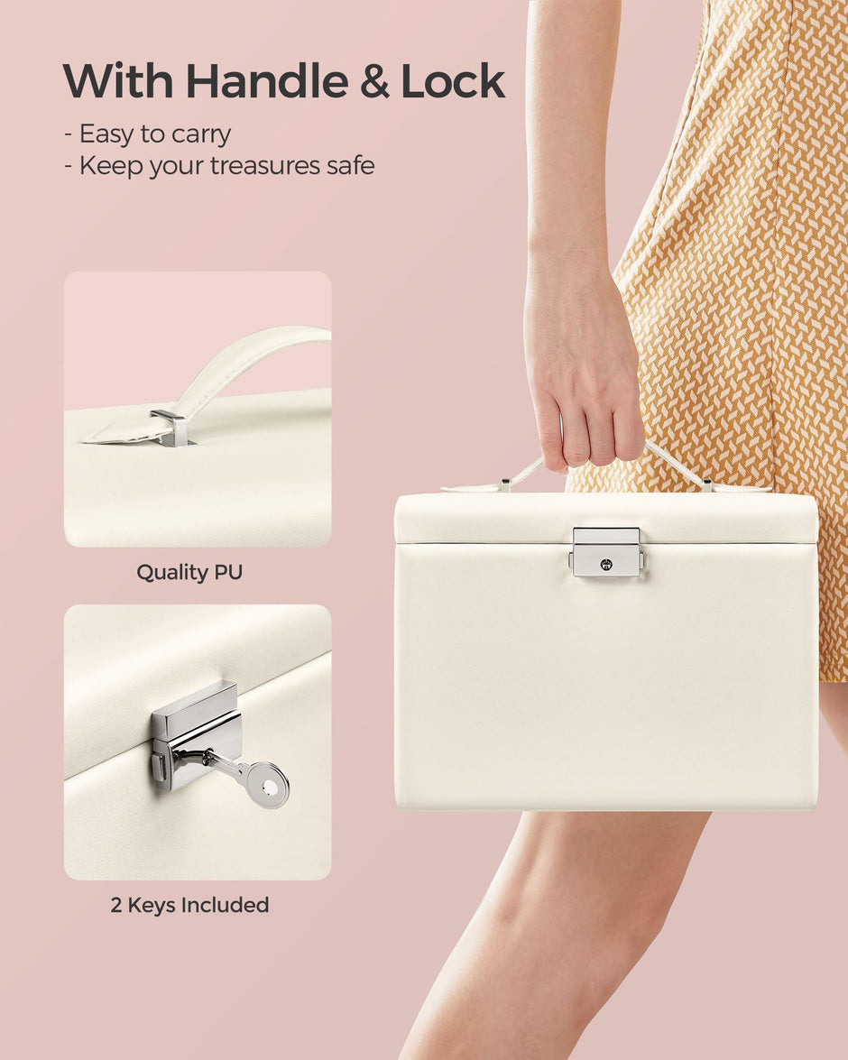 Jewellery Box – Wood – Cream White – 4-Tier with Handle and Drawers