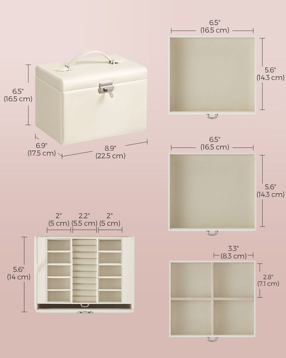 Jewellery Box – Wood – Cream White – 4-Tier with Handle and Drawers