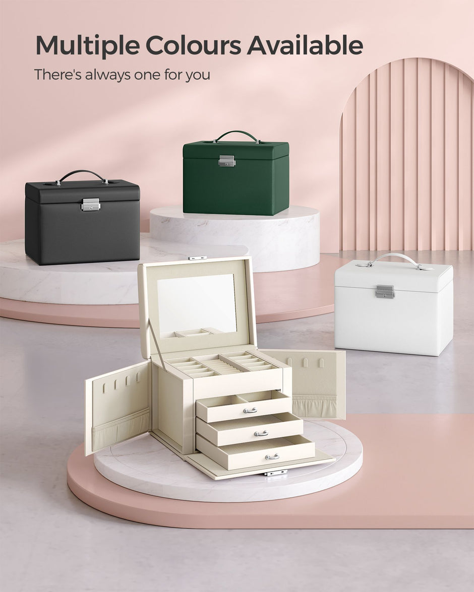 Jewellery Box – Wood – Cream White – 4-Tier with Handle and Drawers