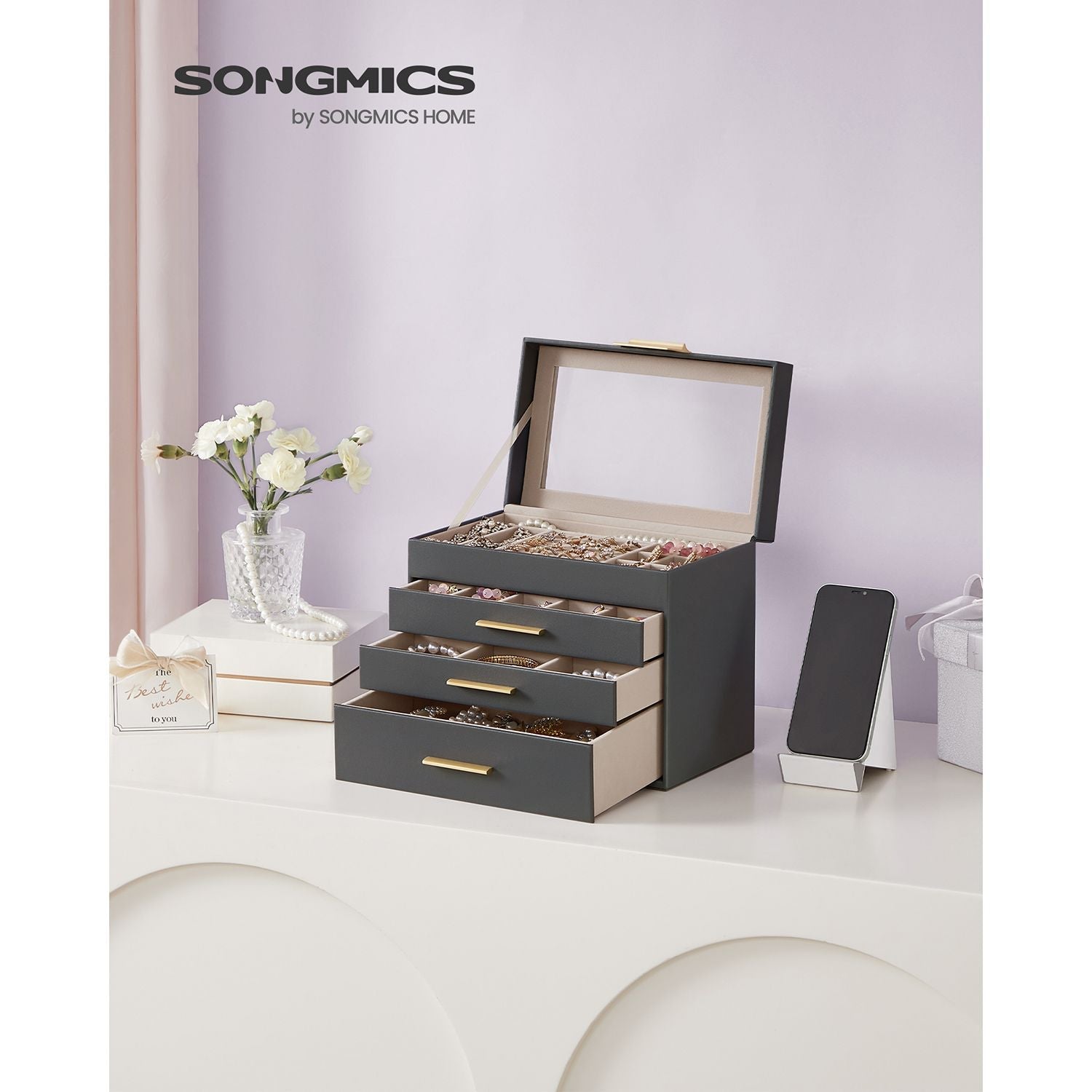 Jewellery Box – Glass, MDF – Grey and Gold – 4-Tier Organiser with 3 Drawers