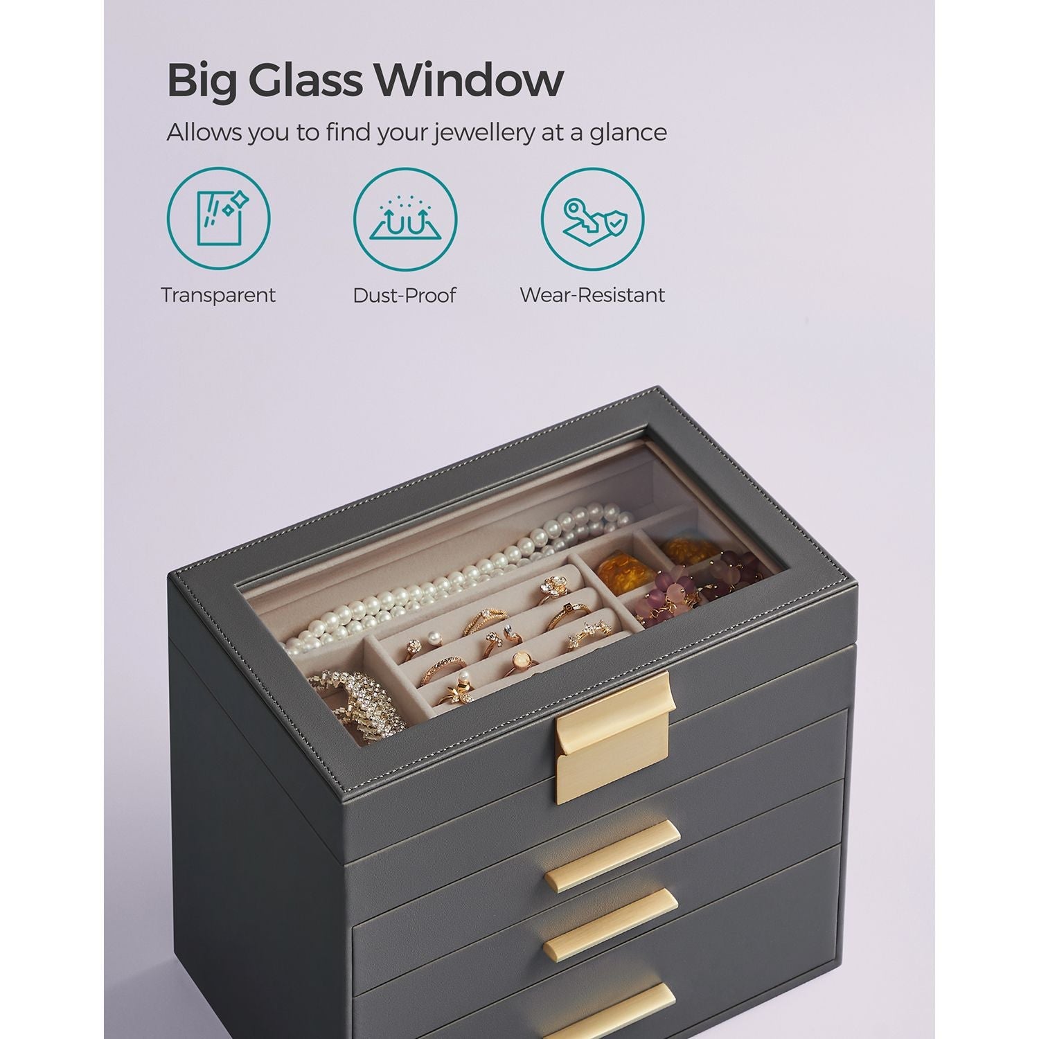 Jewellery Box – Glass, MDF – Grey and Gold – 4-Tier Organiser with 3 Drawers