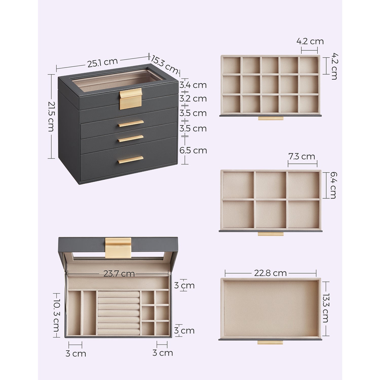 Jewellery Box – Glass, MDF – Grey and Gold – 4-Tier Organiser with 3 Drawers