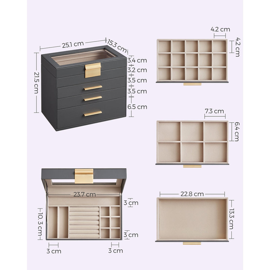 Jewellery Box – Glass, MDF – Grey and Gold – 4-Tier Organiser with 3 Drawers