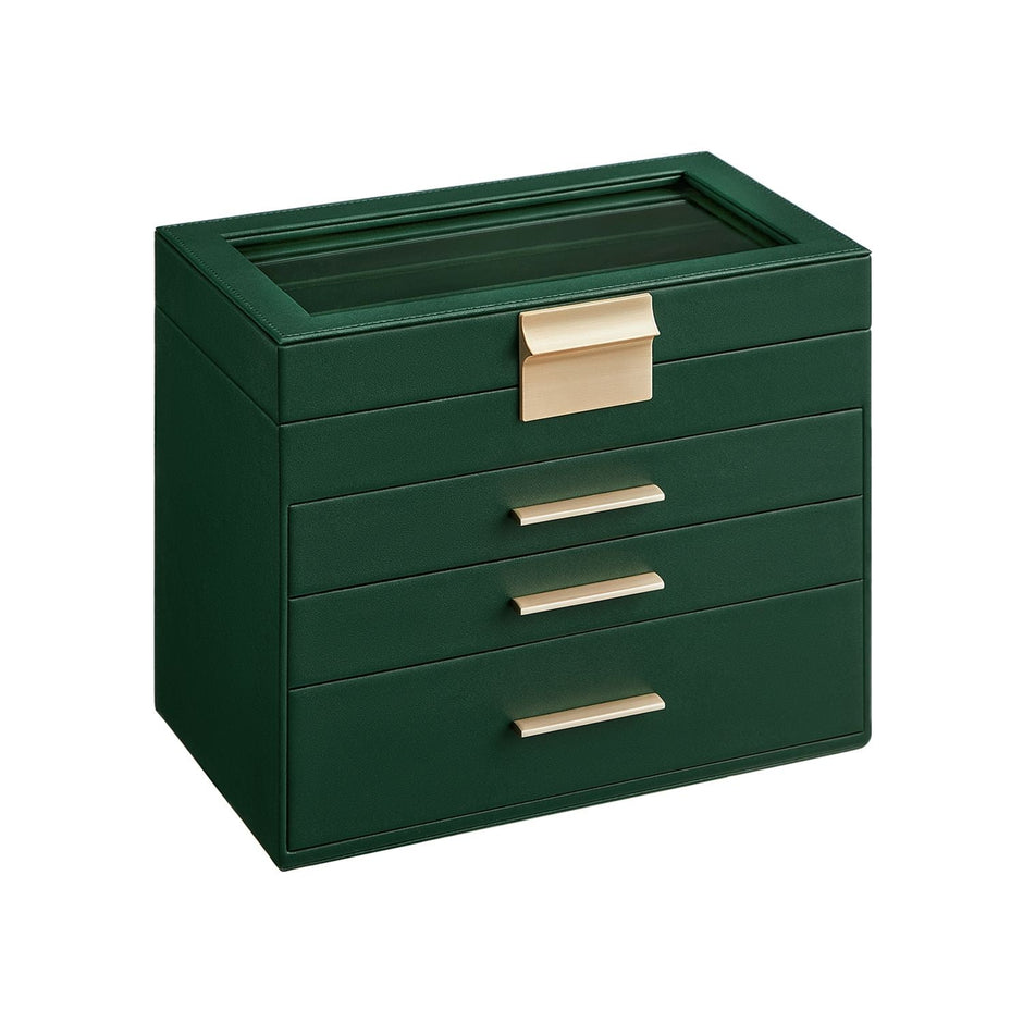 Jewellery Box – Glass – Forest Green and Gold – 4-Tier with Drawers