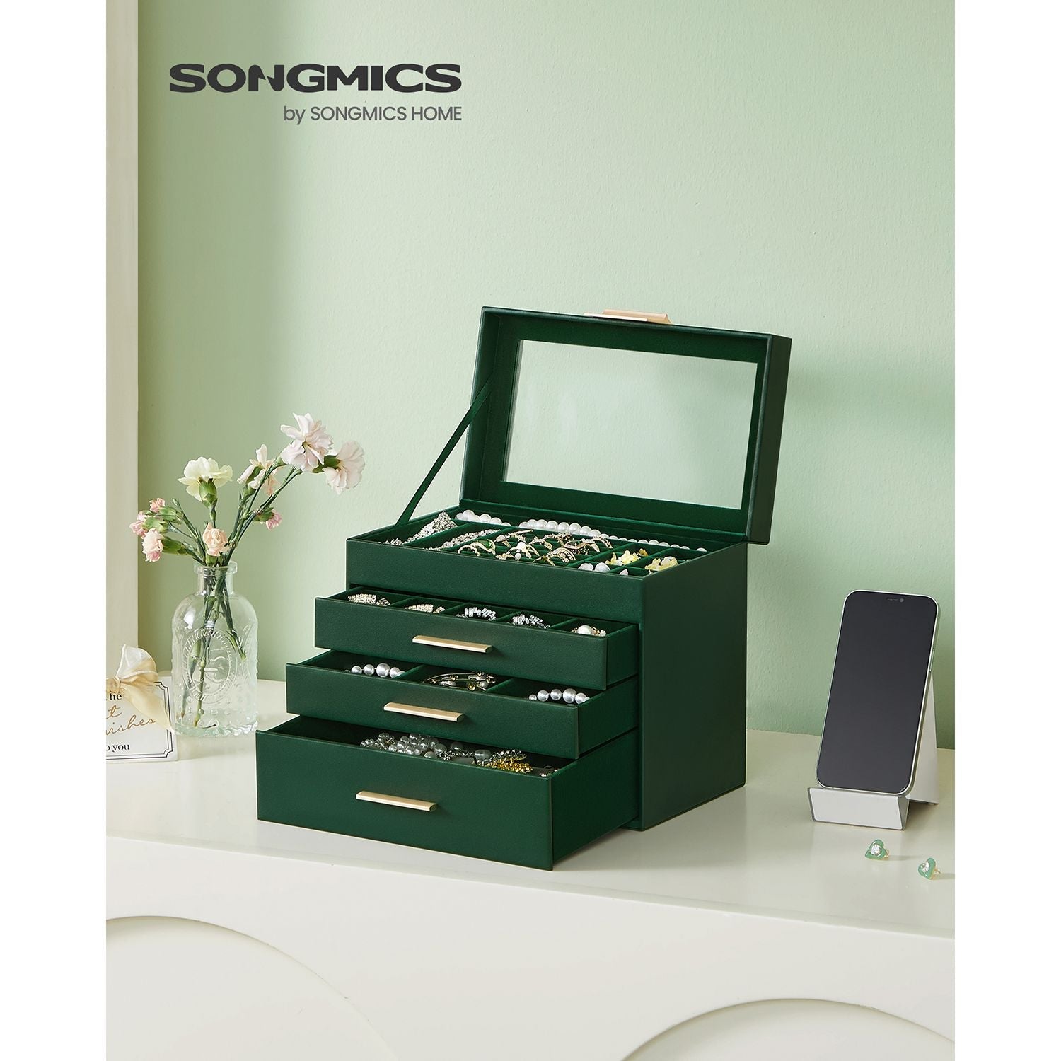 Jewellery Box – Glass – Forest Green and Gold – 4-Tier with Drawers