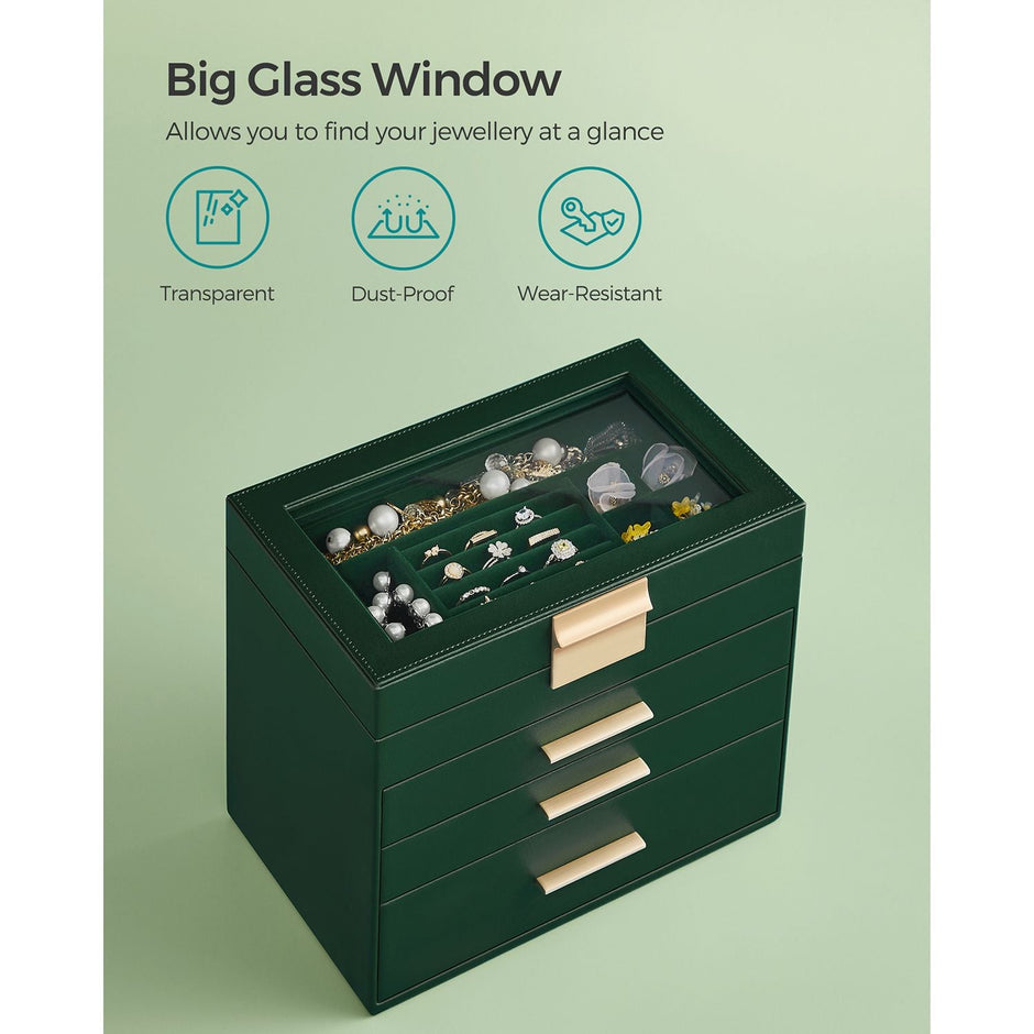 Jewellery Box – Glass – Forest Green and Gold – 4-Tier with Drawers