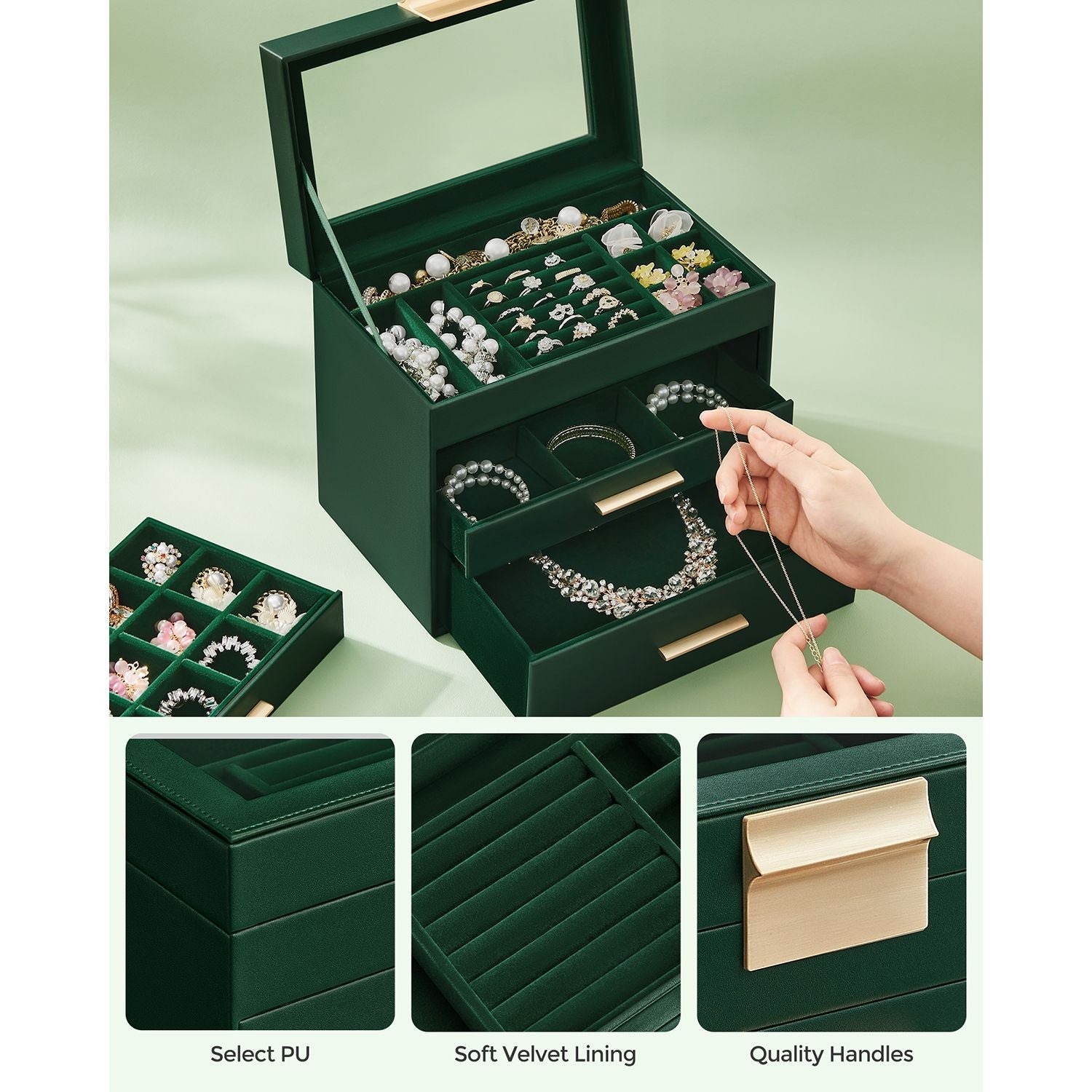 Jewellery Box – Glass – Forest Green and Gold – 4-Tier with Drawers