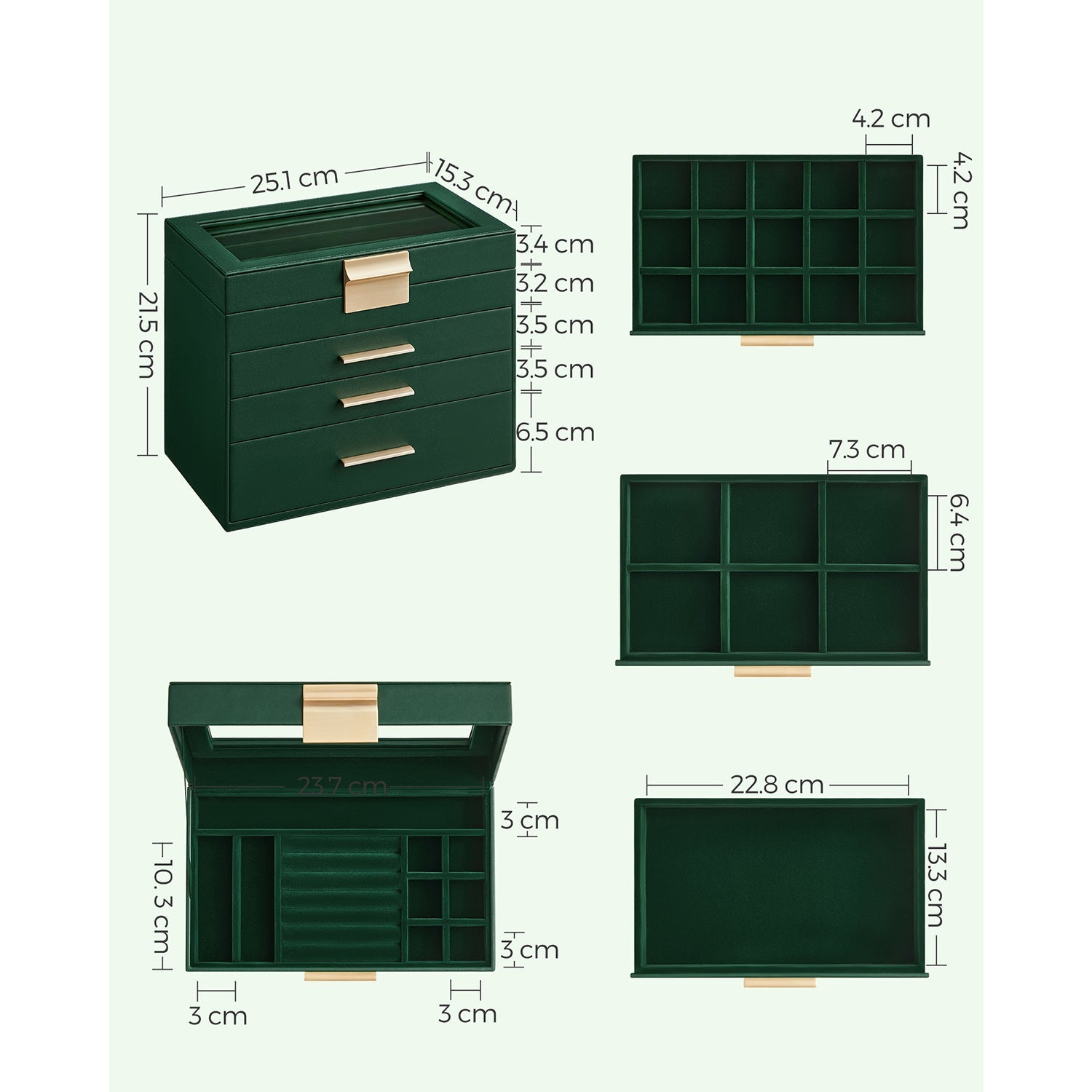 Jewellery Box – Glass – Forest Green and Gold – 4-Tier with Drawers