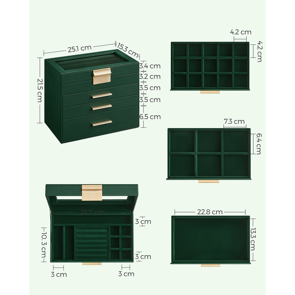 Jewellery Box – Glass – Forest Green and Gold – 4-Tier with Drawers