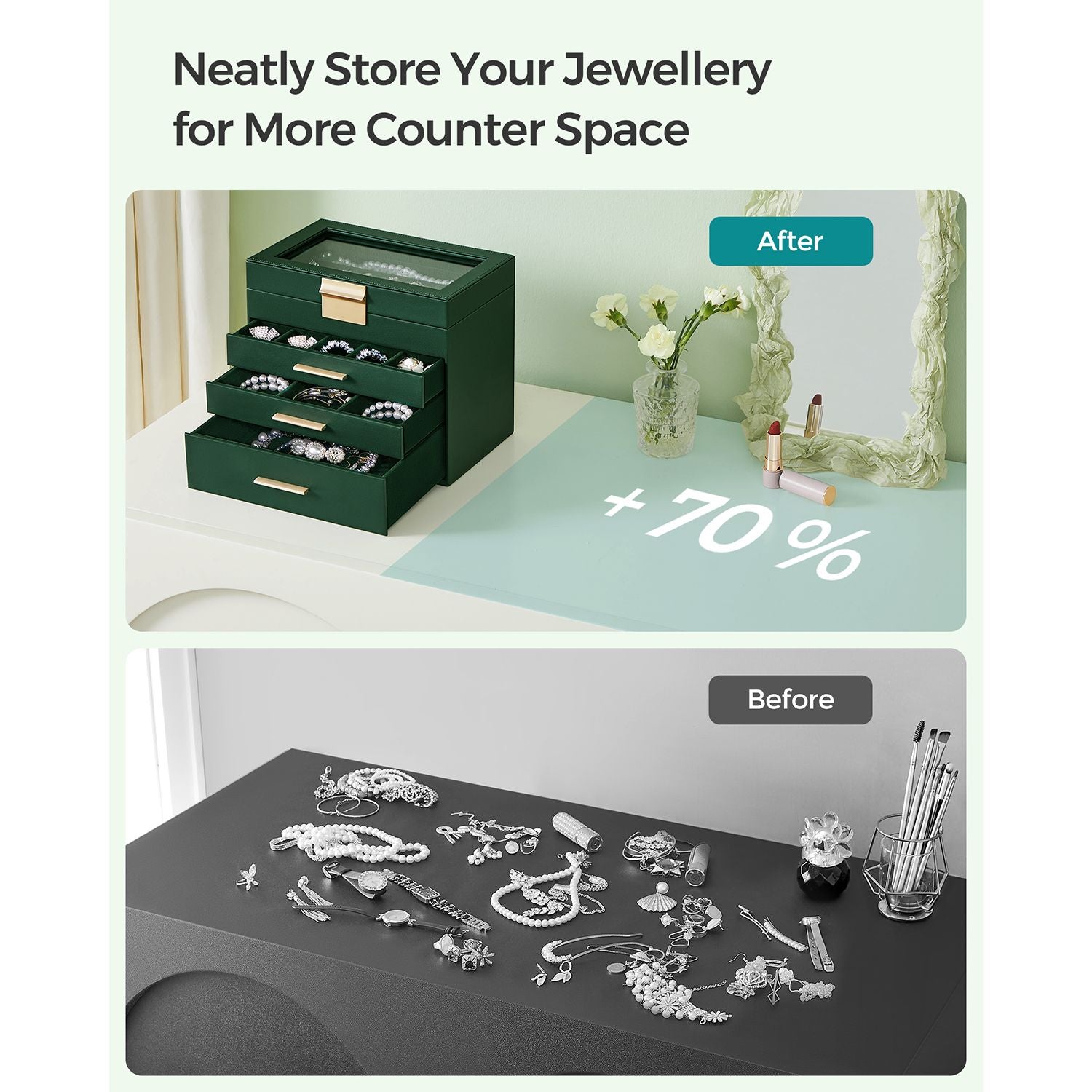 Jewellery Box – Glass – Forest Green and Gold – 4-Tier with Drawers