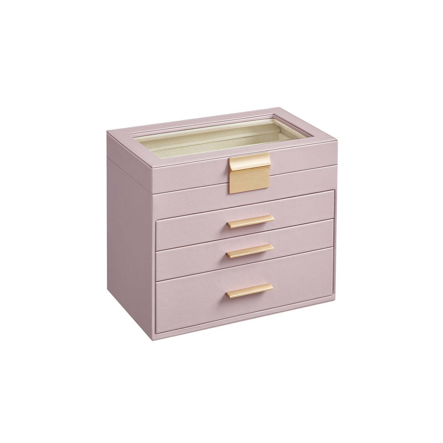 4-Tier Jewellery Box – Glass – Lavender Purple and Gold – Modern Design with 3 Drawers