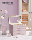 4-Tier Jewellery Box – Glass – Lavender Purple and Gold – Modern Design with 3 Drawers