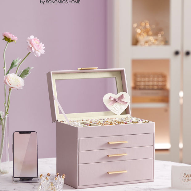 4-Tier Jewellery Box – Glass – Lavender Purple and Gold – Modern Design with 3 Drawers