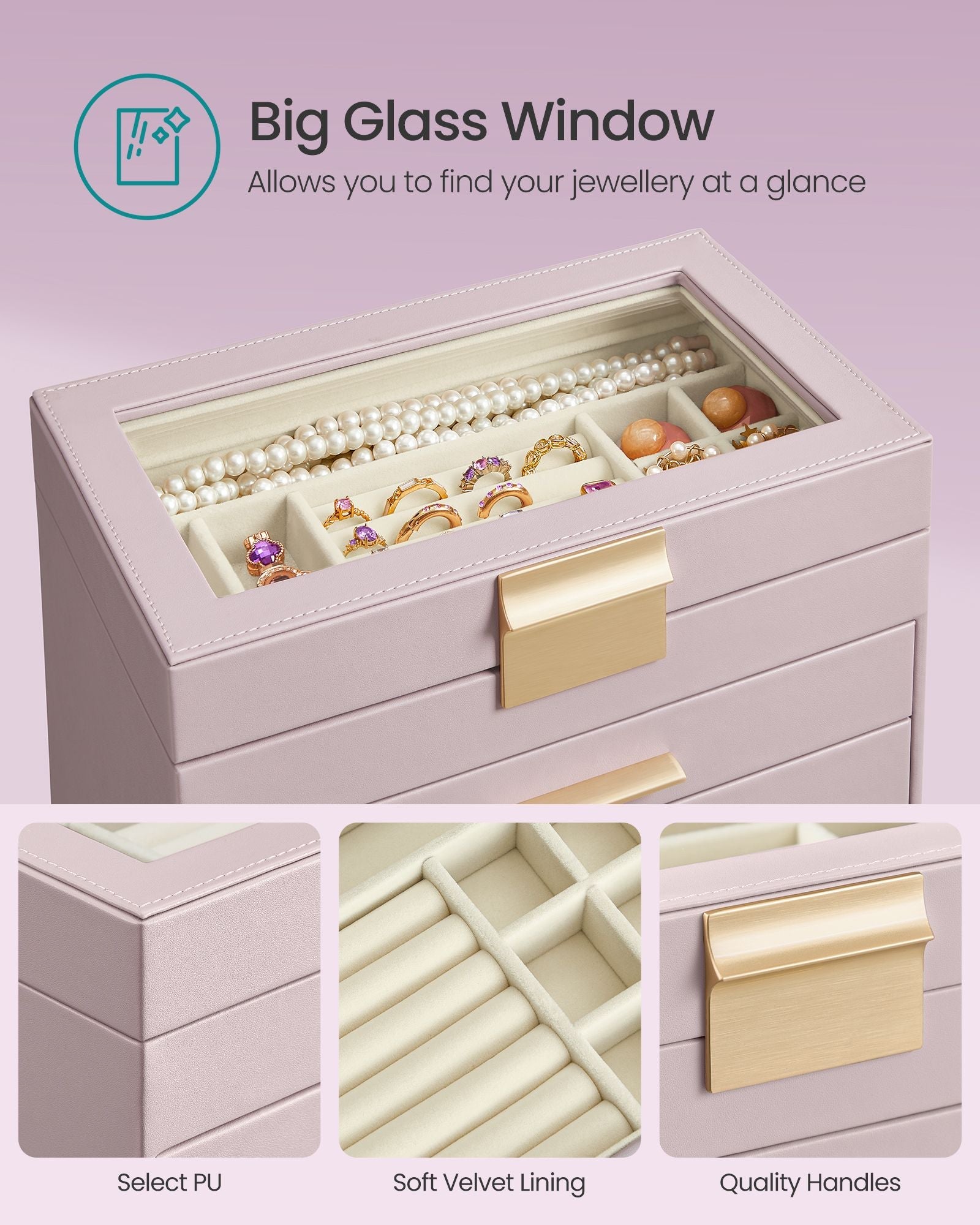 4-Tier Jewellery Box – Glass – Lavender Purple and Gold – Modern Design with 3 Drawers