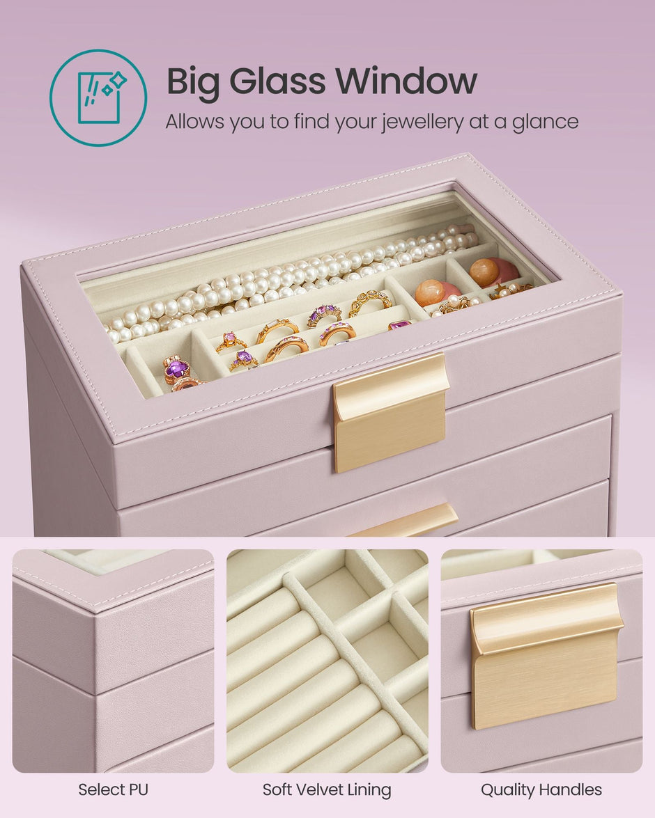 4-Tier Jewellery Box – Glass – Lavender Purple and Gold – Modern Design with 3 Drawers