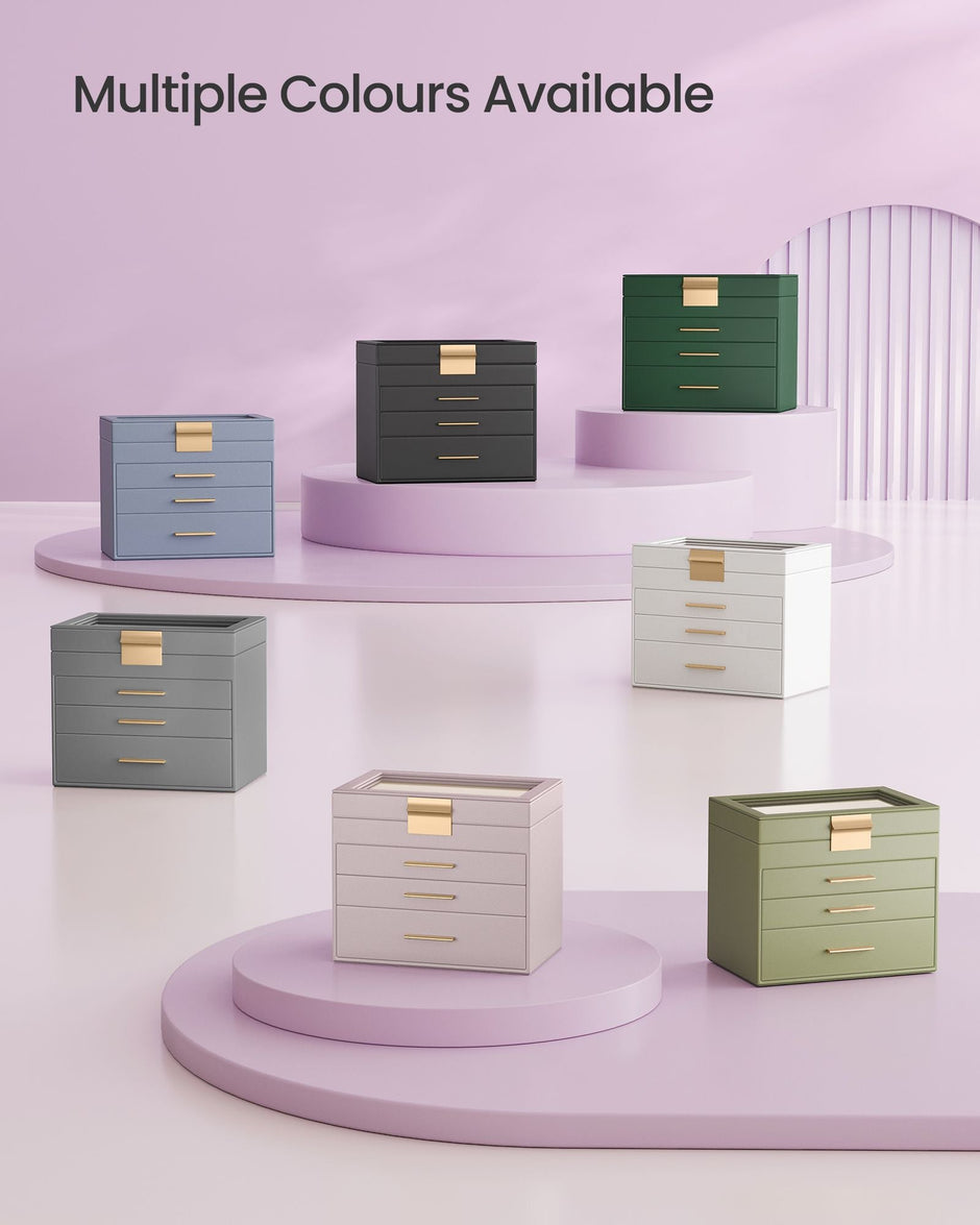 4-Tier Jewellery Box – Glass – Lavender Purple and Gold – Modern Design with 3 Drawers