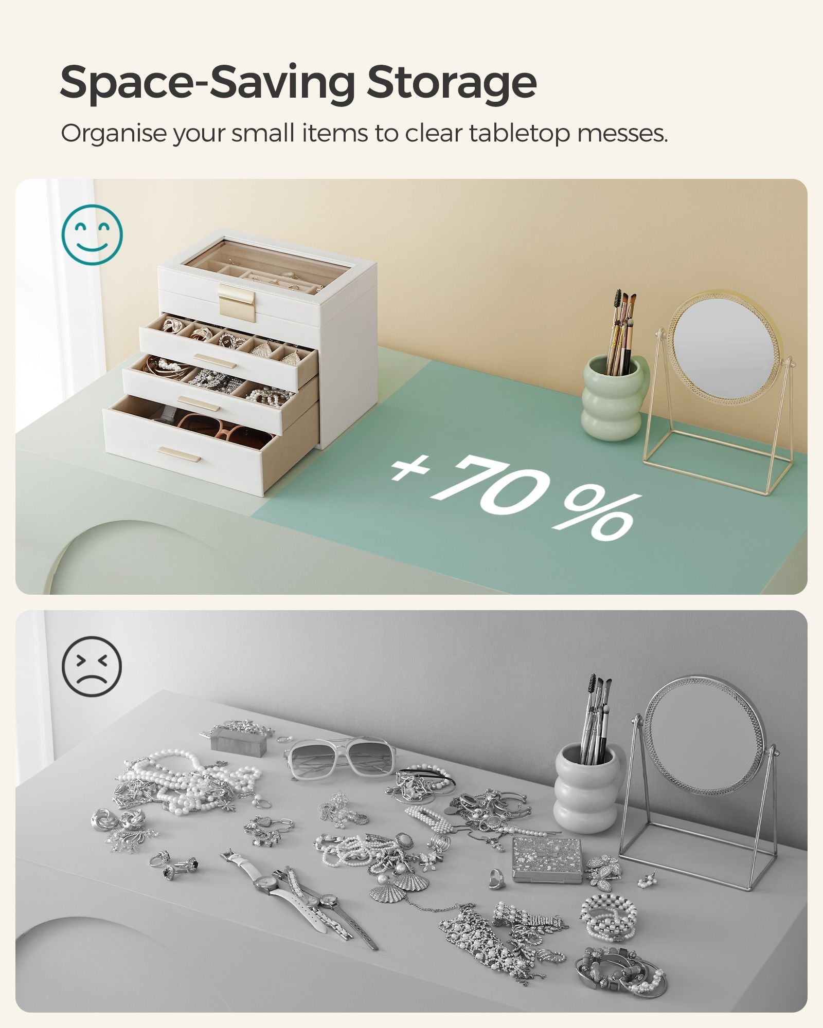 Jewellery Box – Glass – Grey and Gold – 4-Tier Organiser with 3 Drawers