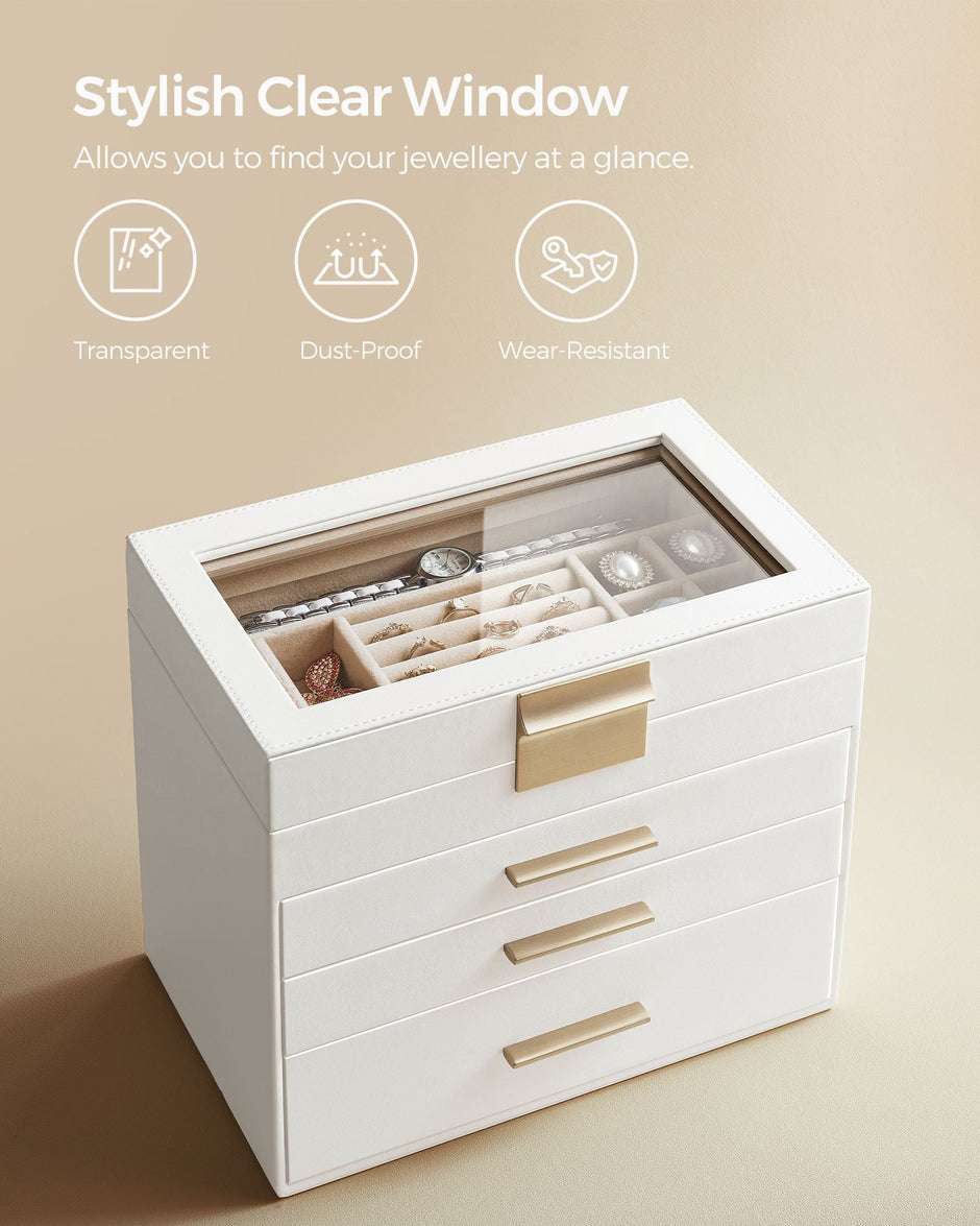 Jewellery Box – Glass – Grey and Gold – 4-Tier Organiser with 3 Drawers